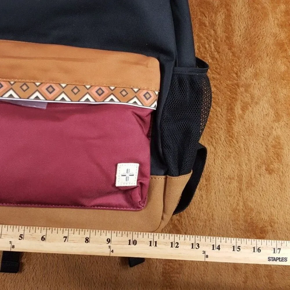 SUN + STONE Black Maroon Backpack Colorblock Canvas School Laptop Bookbag RILEY